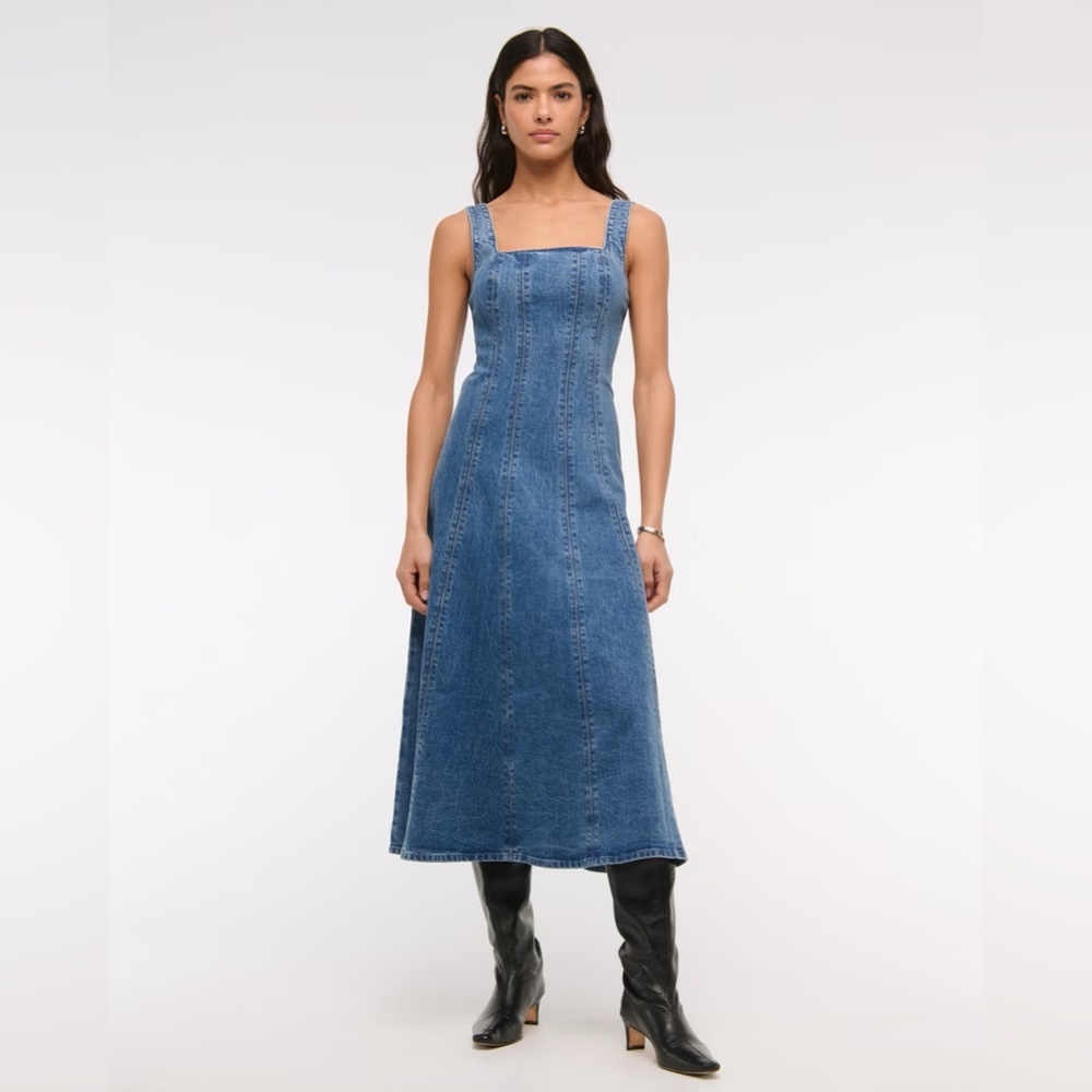 ABERCROMBIE Mila Denim Midi Dress S medium blue denim